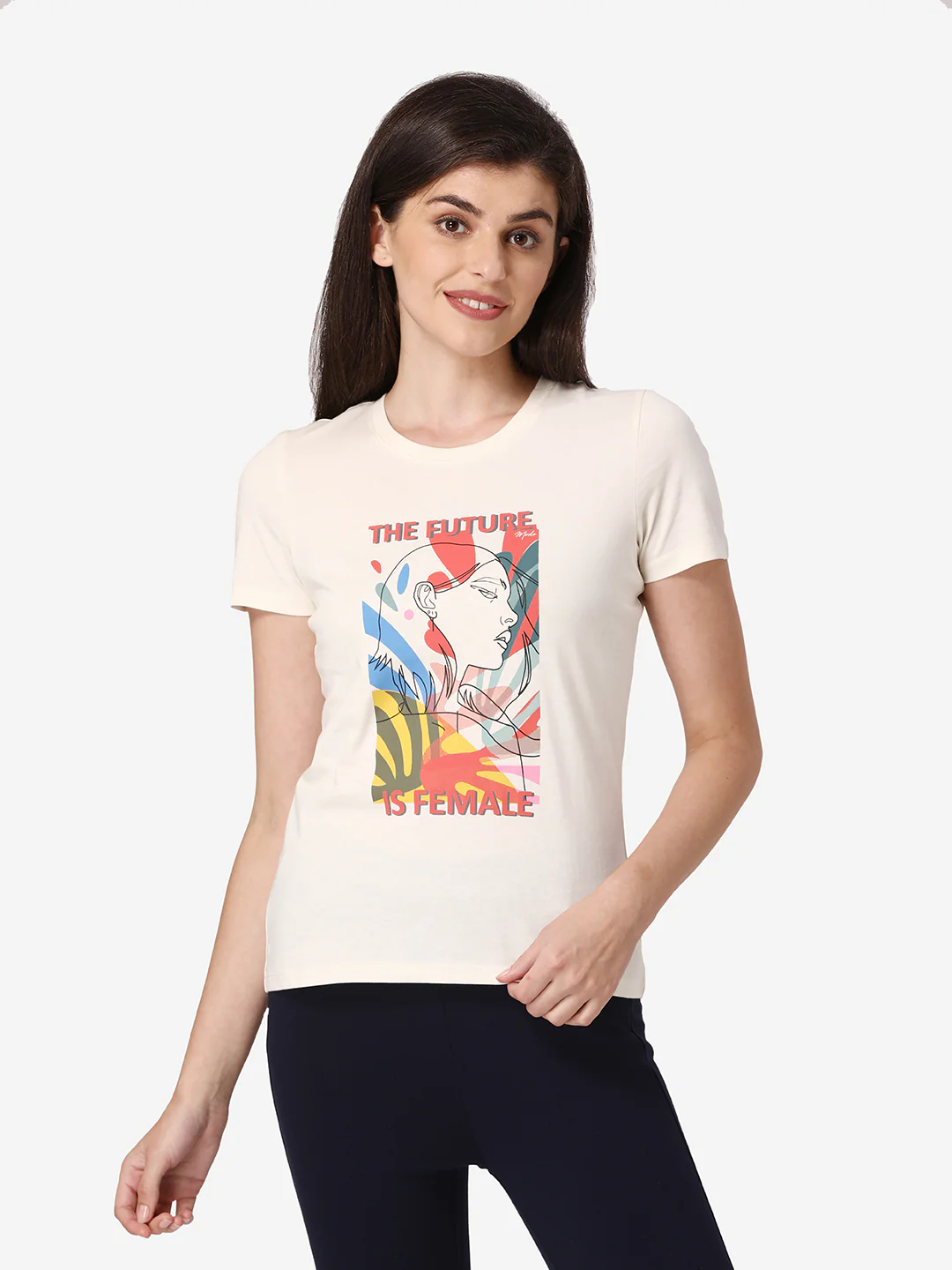 Women Off White Round Neck T-Shirt - Image 2