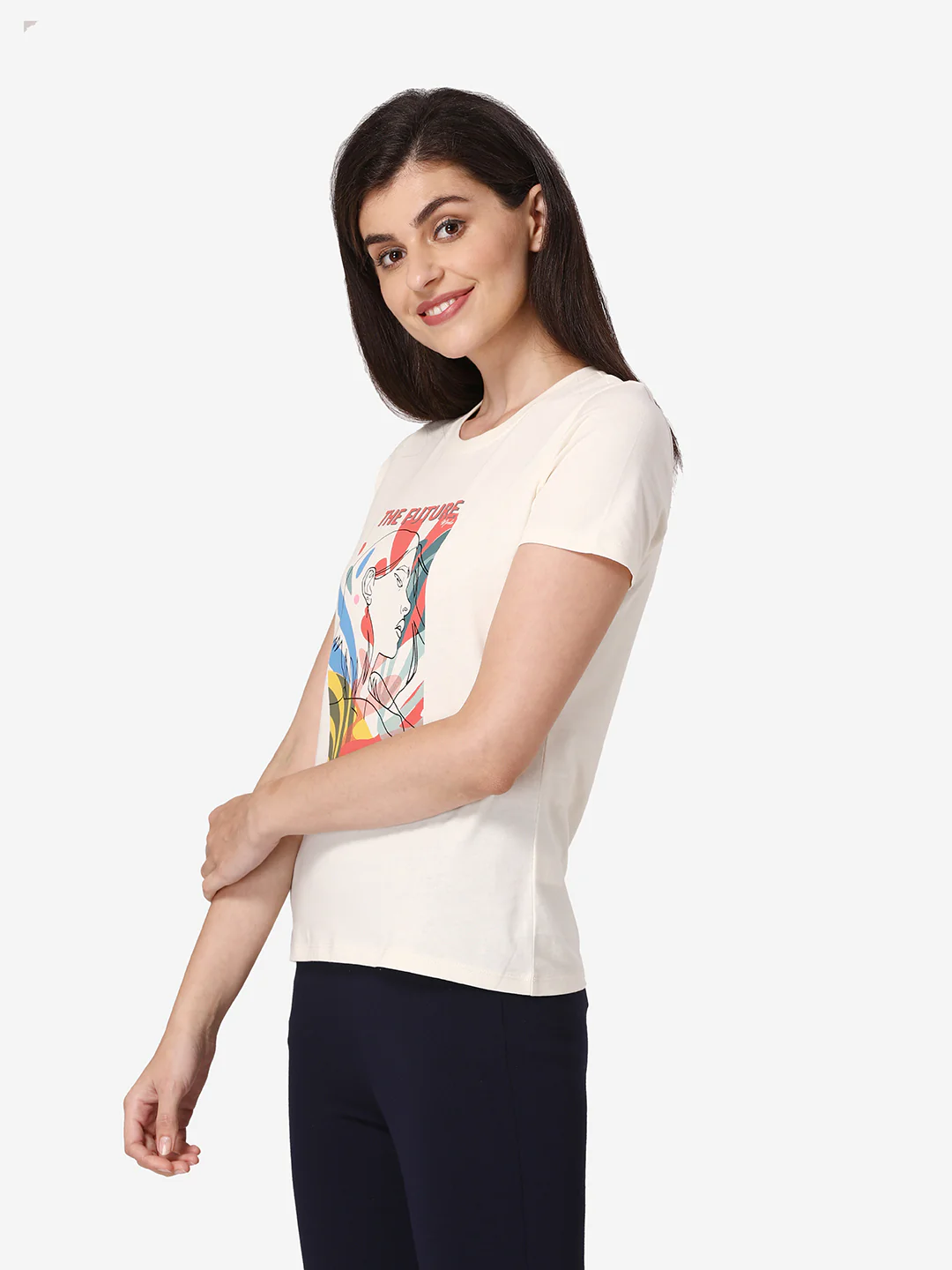 Women Off White Round Neck T-Shirt - Image 3