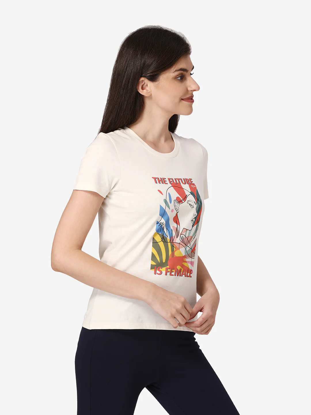 Women Off White Round Neck T-Shirt - Image 4
