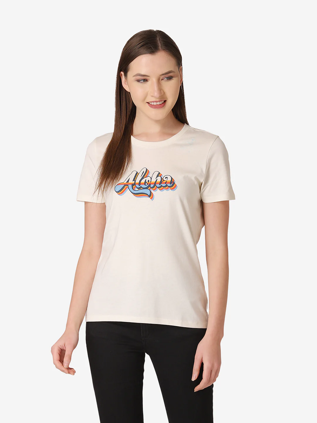 Women's Off White Round Neck T-Shirt - Image 2