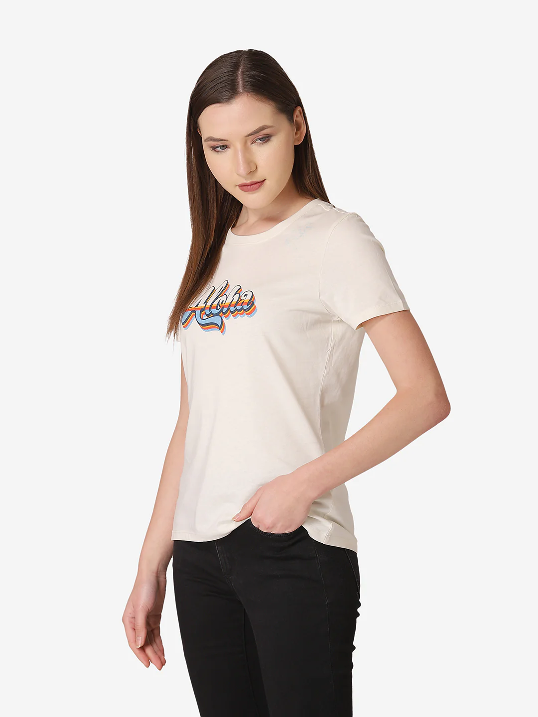 Women's Off White Round Neck T-Shirt - Image 3