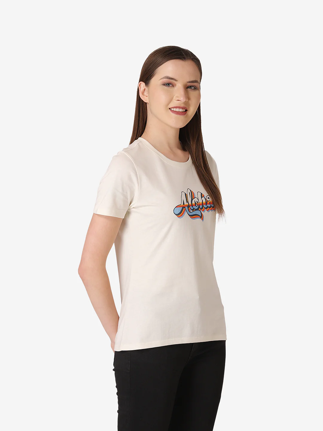 Women's Off White Round Neck T-Shirt - Image 4