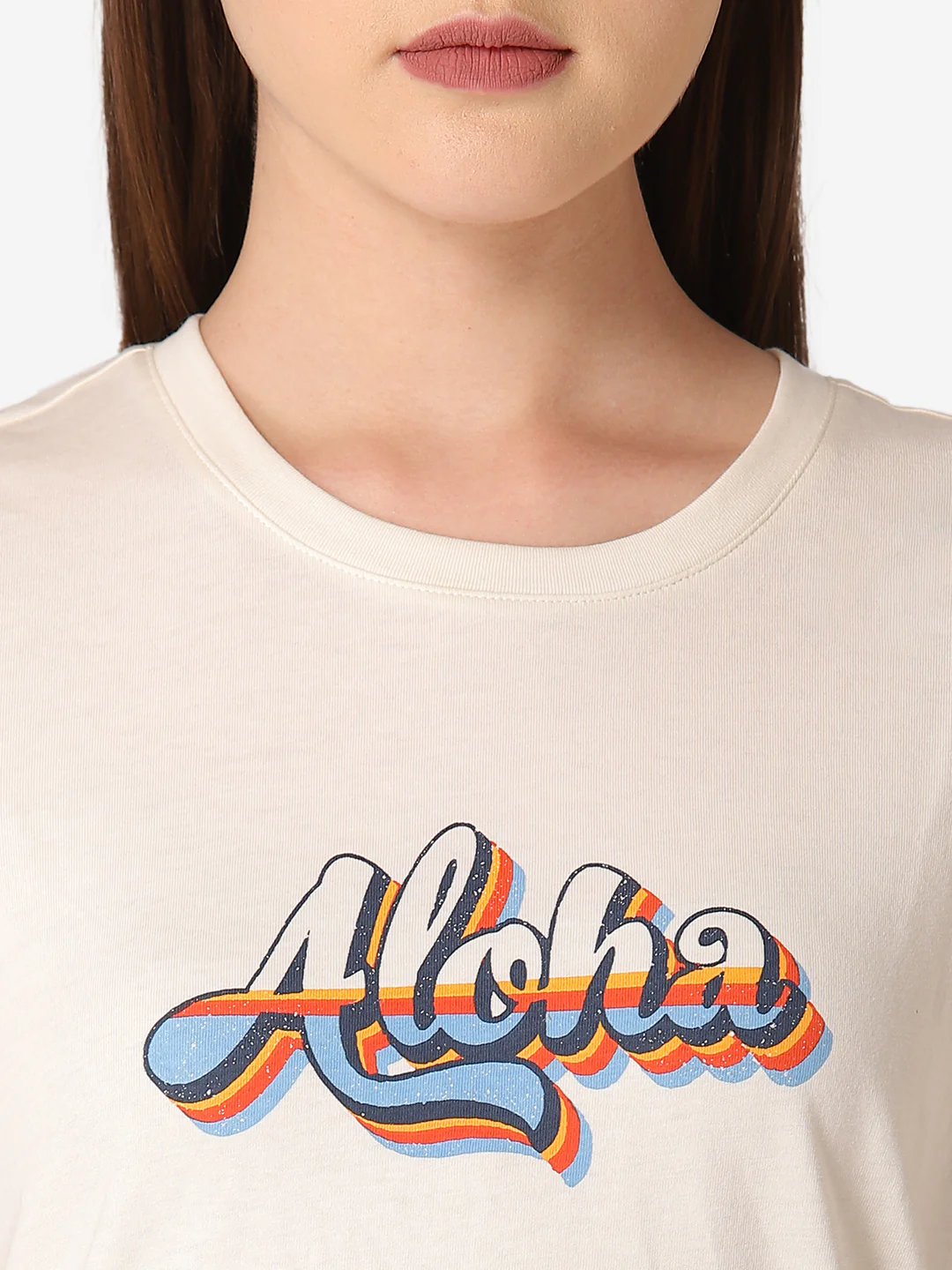 Women's Off White Round Neck T-Shirt - Image 5