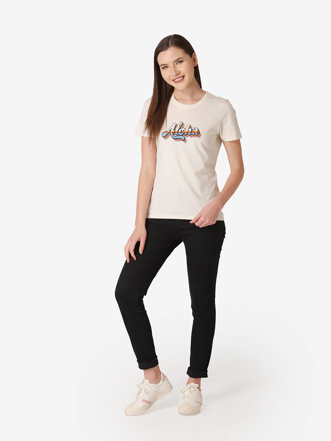 Women's Off White Round Neck T-Shirt - Image 7