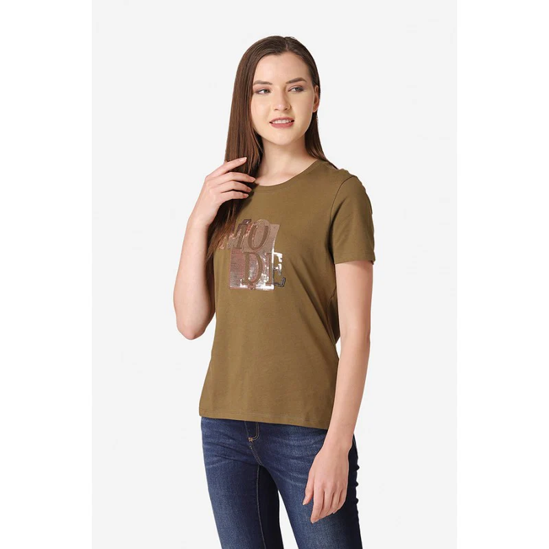 Women's Olive Round Neck T-Shirt - Image 2