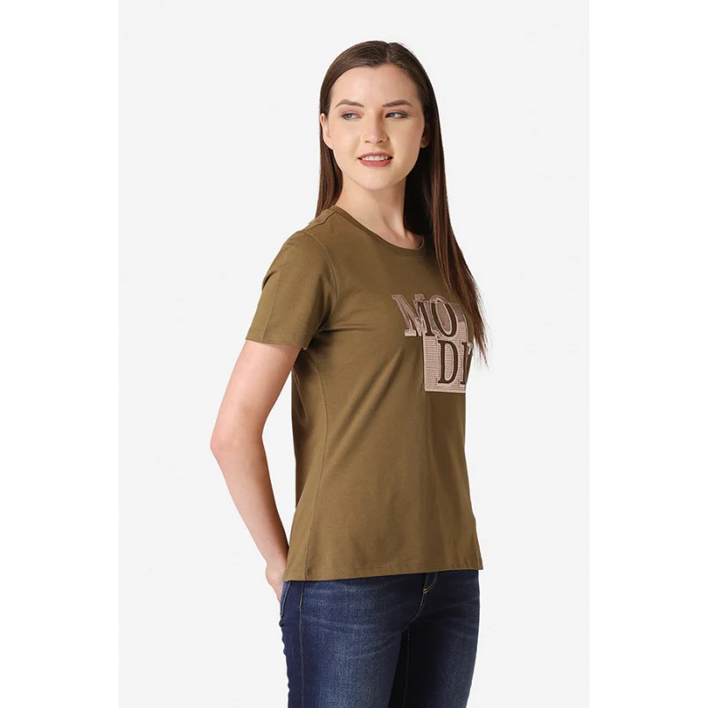 Women's Olive Round Neck T-Shirt - Image 3