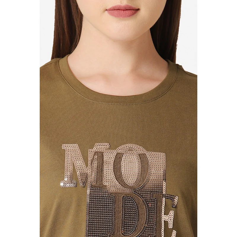 Women's Olive Round Neck T-Shirt - Image 4