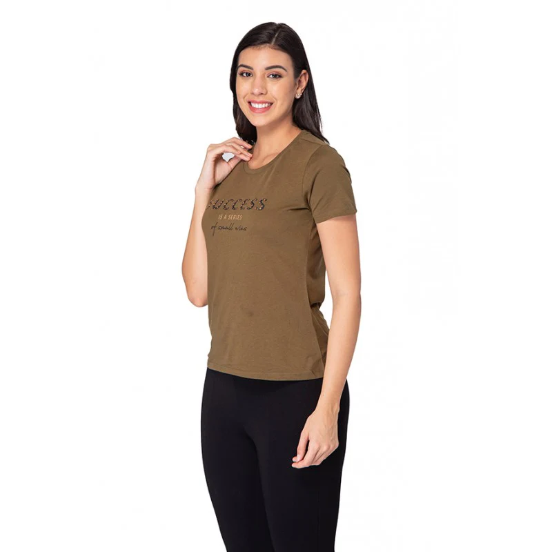 Women Olive Round Neck T-Shirt - Image 2