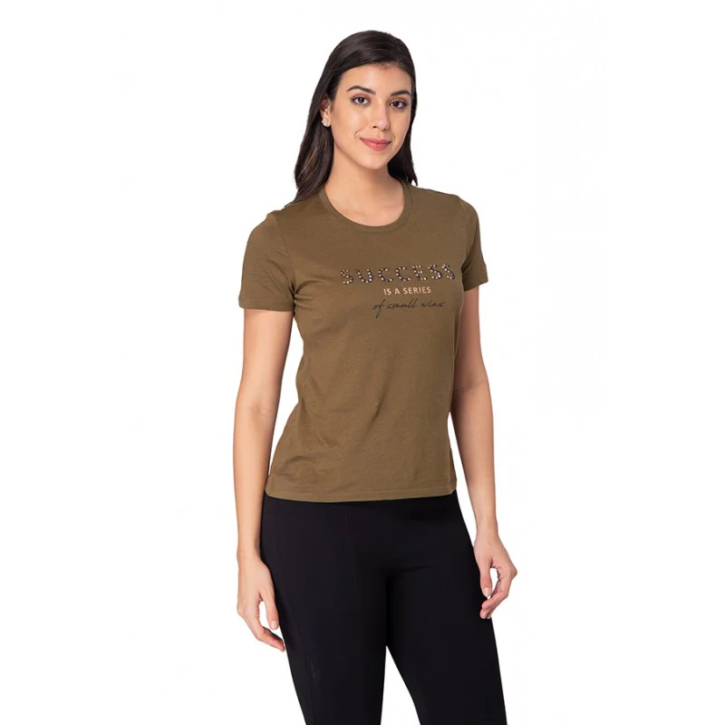 Women Olive Round Neck T-Shirt - Image 3