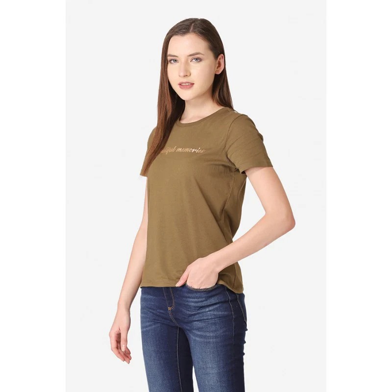 Women's Olive Round Neck T-Shirt - Image 2