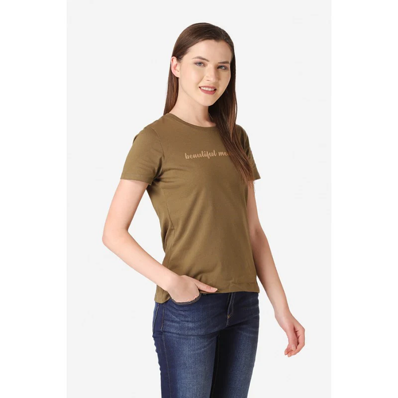 Women's Olive Round Neck T-Shirt - Image 3