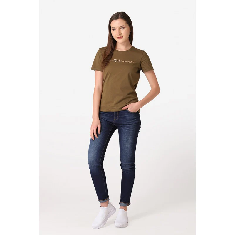 Women's Olive Round Neck T-Shirt - Image 5