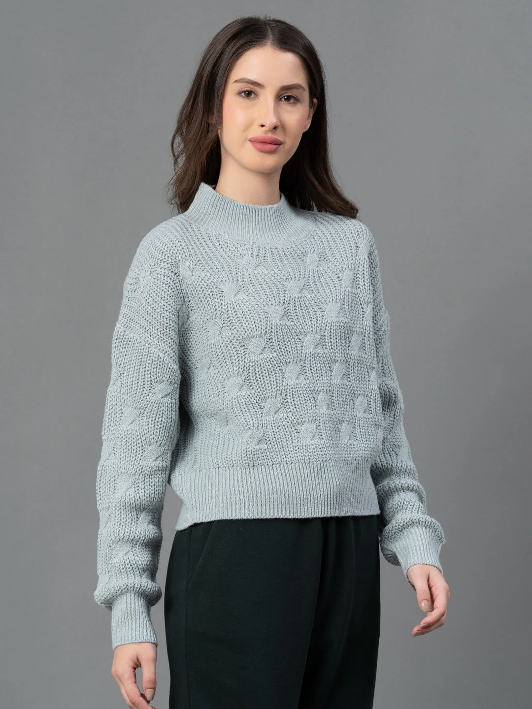 Women Pastel Green Texture Design Sweater - Image 2