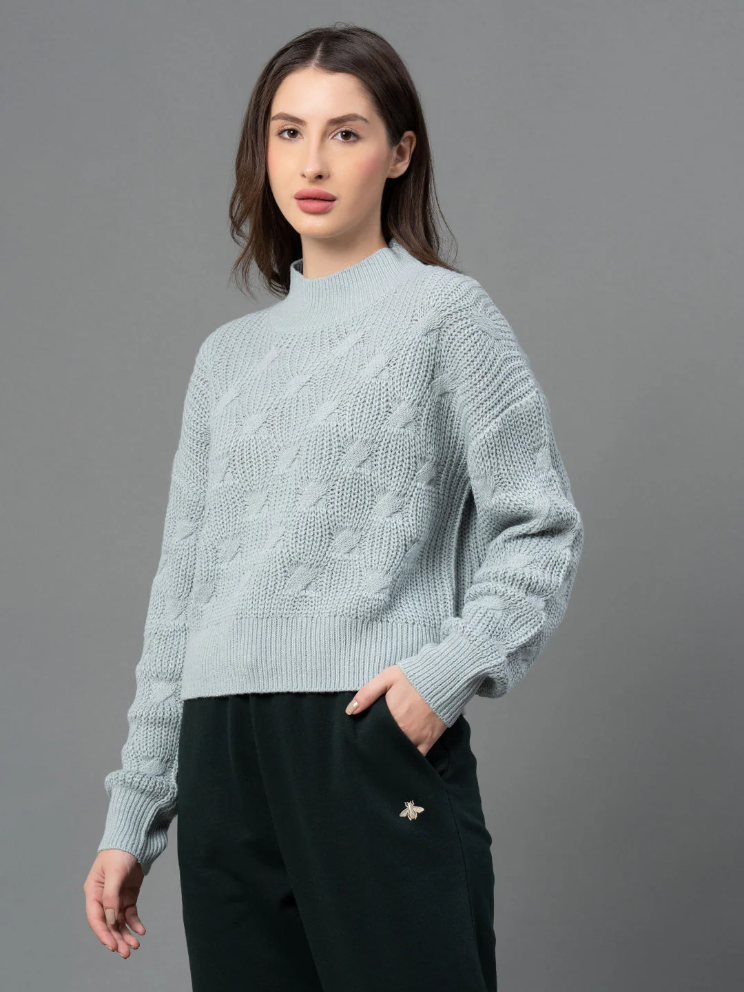 Women Pastel Green Texture Design Sweater - Image 6
