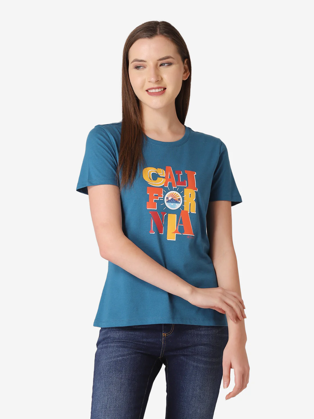 Women's Teal Round Neck T-Shirt - Image 2