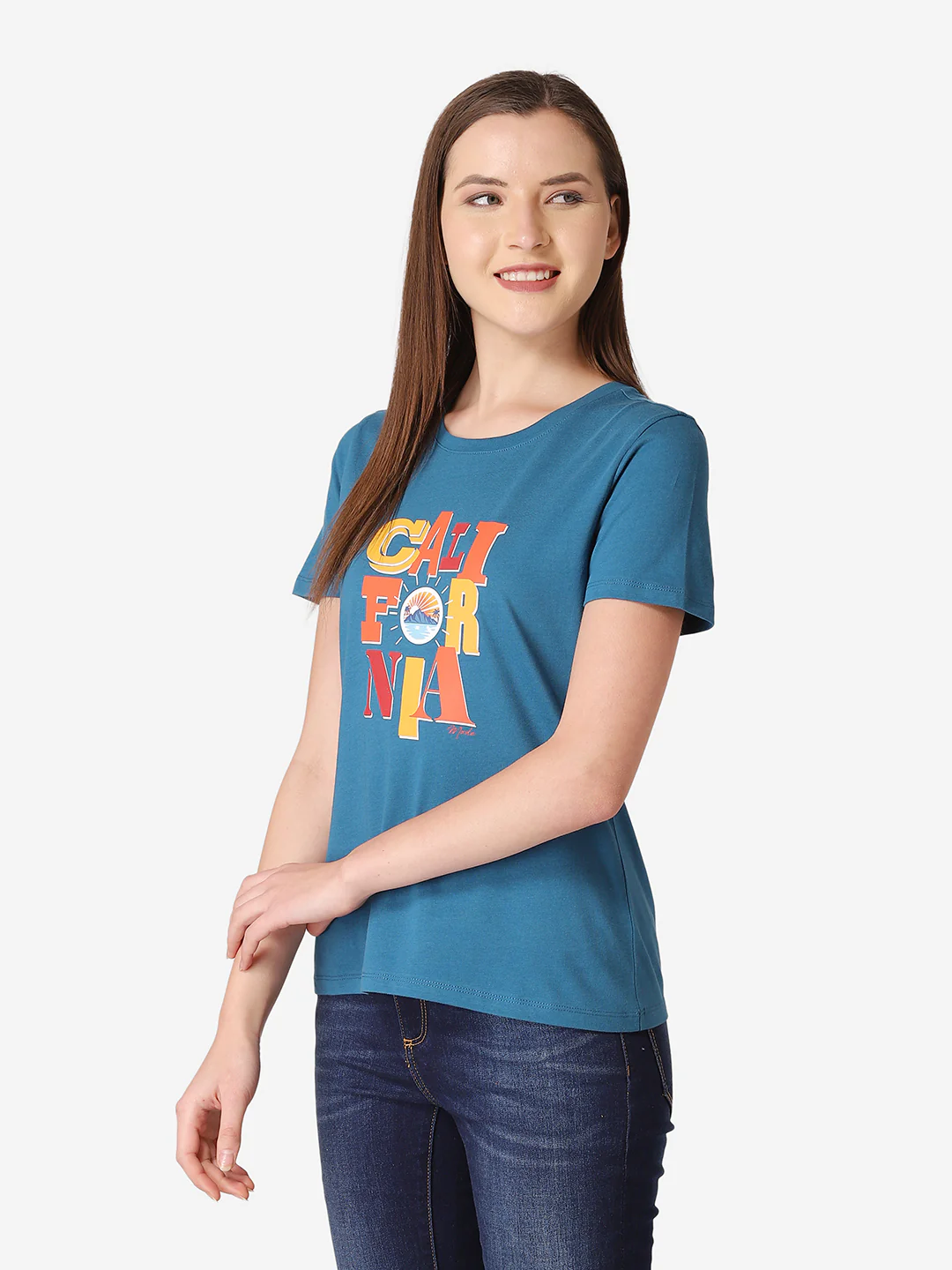 Women's Teal Round Neck T-Shirt - Image 3