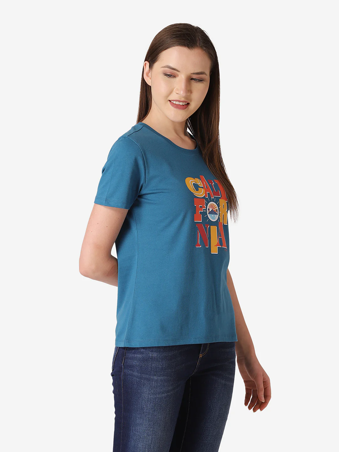 Women's Teal Round Neck T-Shirt - Image 4