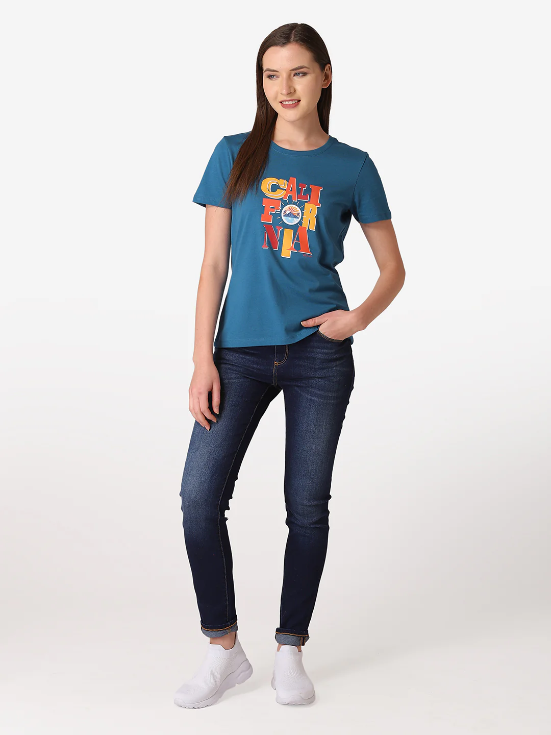 Women's Teal Round Neck T-Shirt - Image 7