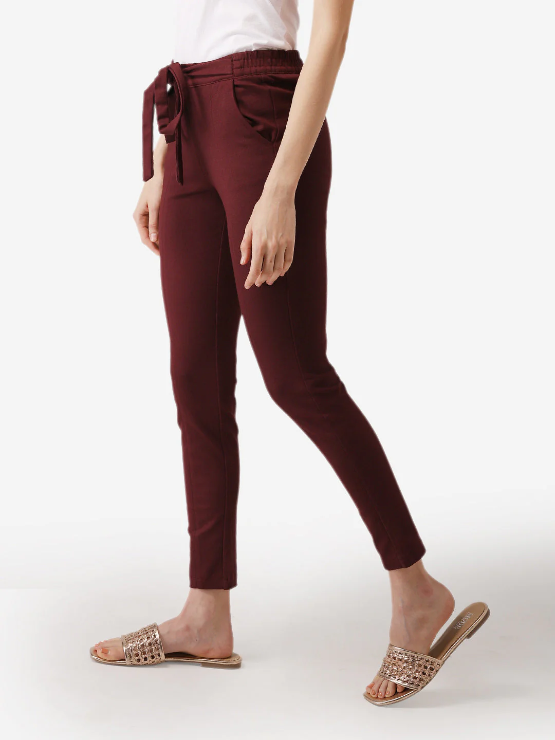 Women Wine Solid Rayon Nylon Stretched Jegging - Image 3