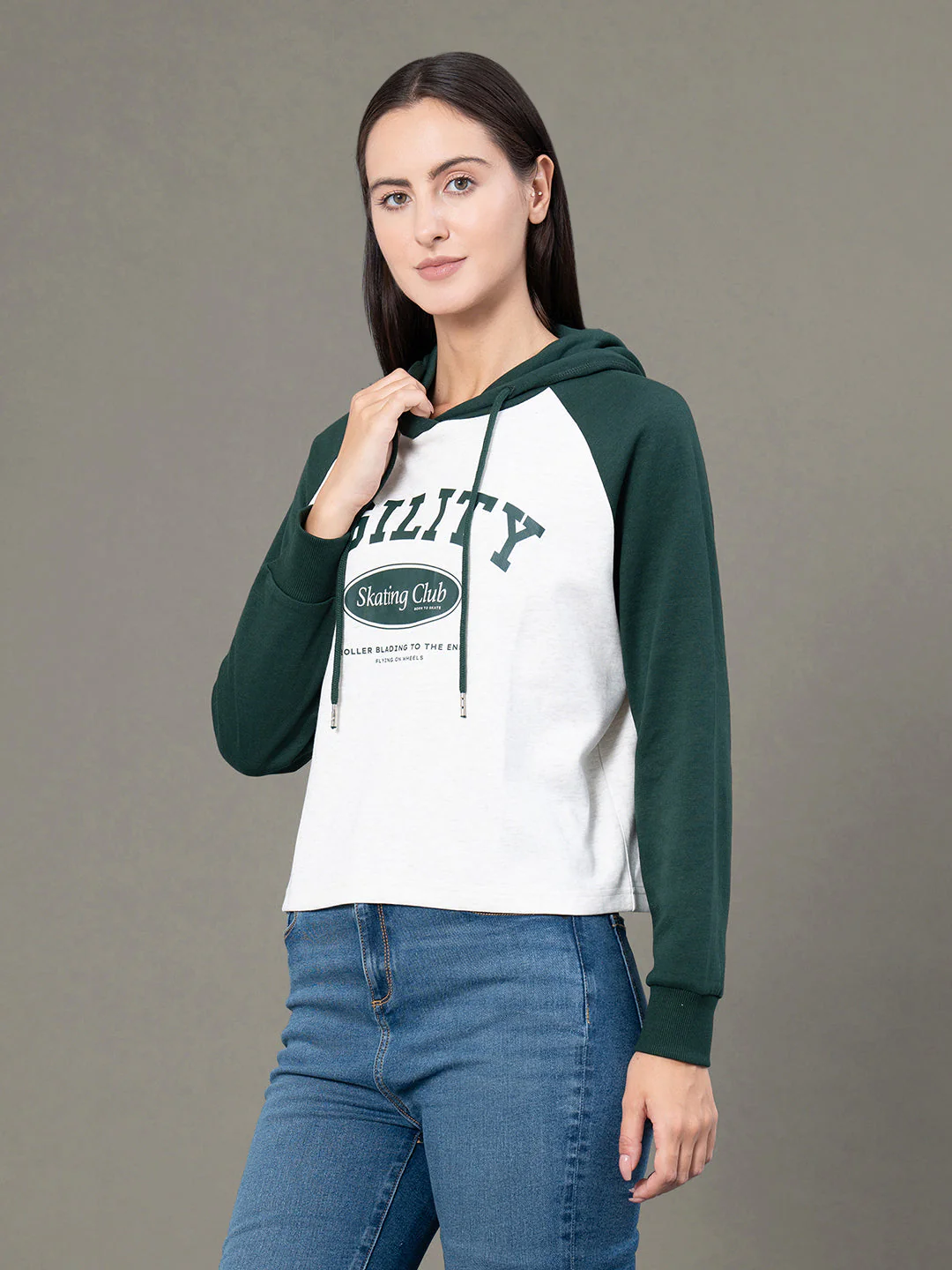 Women's Beige Melange Poly Cotton Graphic Print Colorblock Reglan Sleeve Hoodie - Image 2