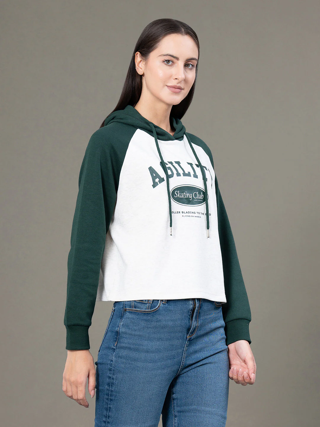 Women's Beige Melange Poly Cotton Graphic Print Colorblock Reglan Sleeve Hoodie - Image 6
