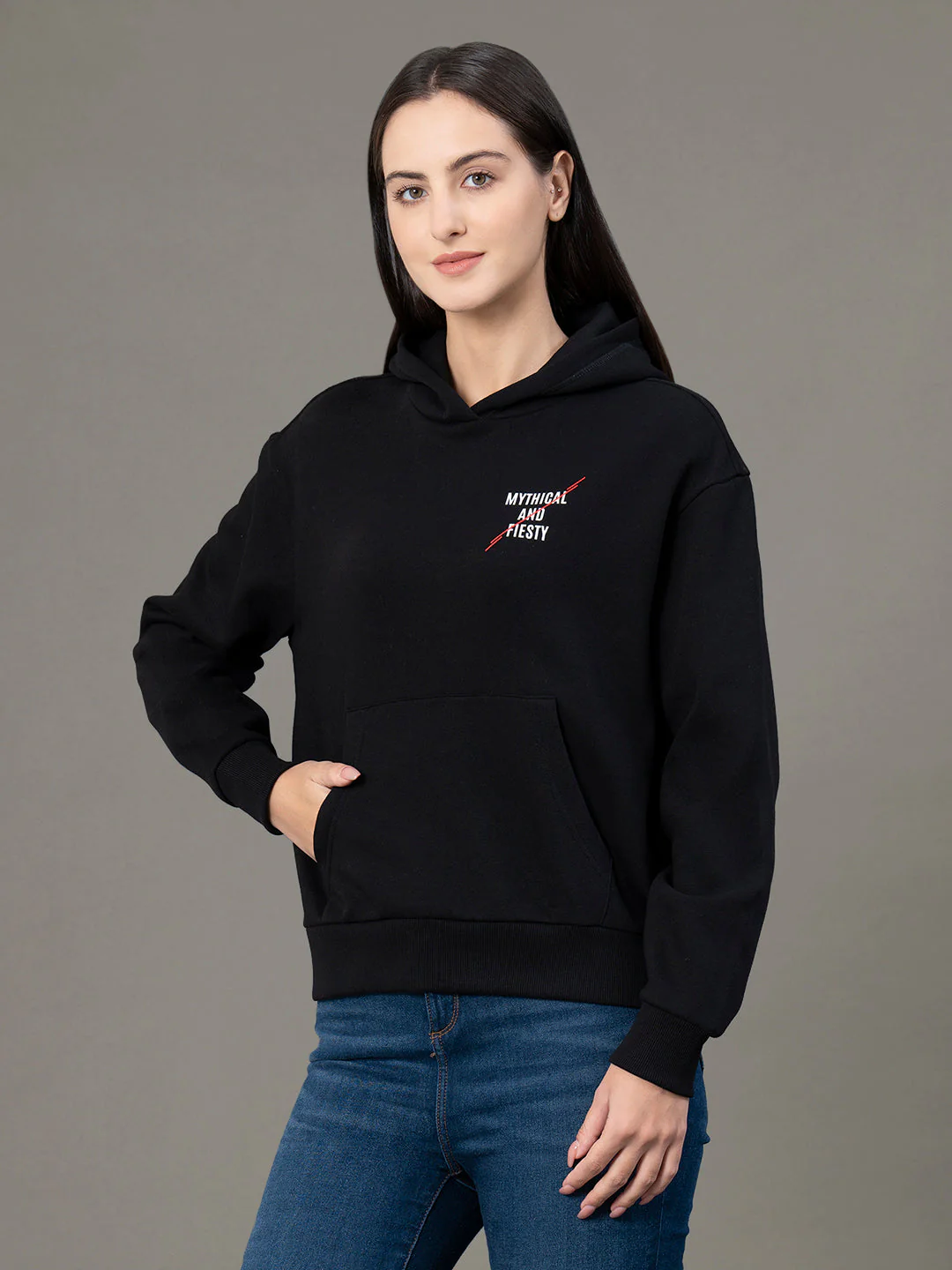 Women's Black Poly Cotton Fleece Graphic Print Hoodie - Image 2