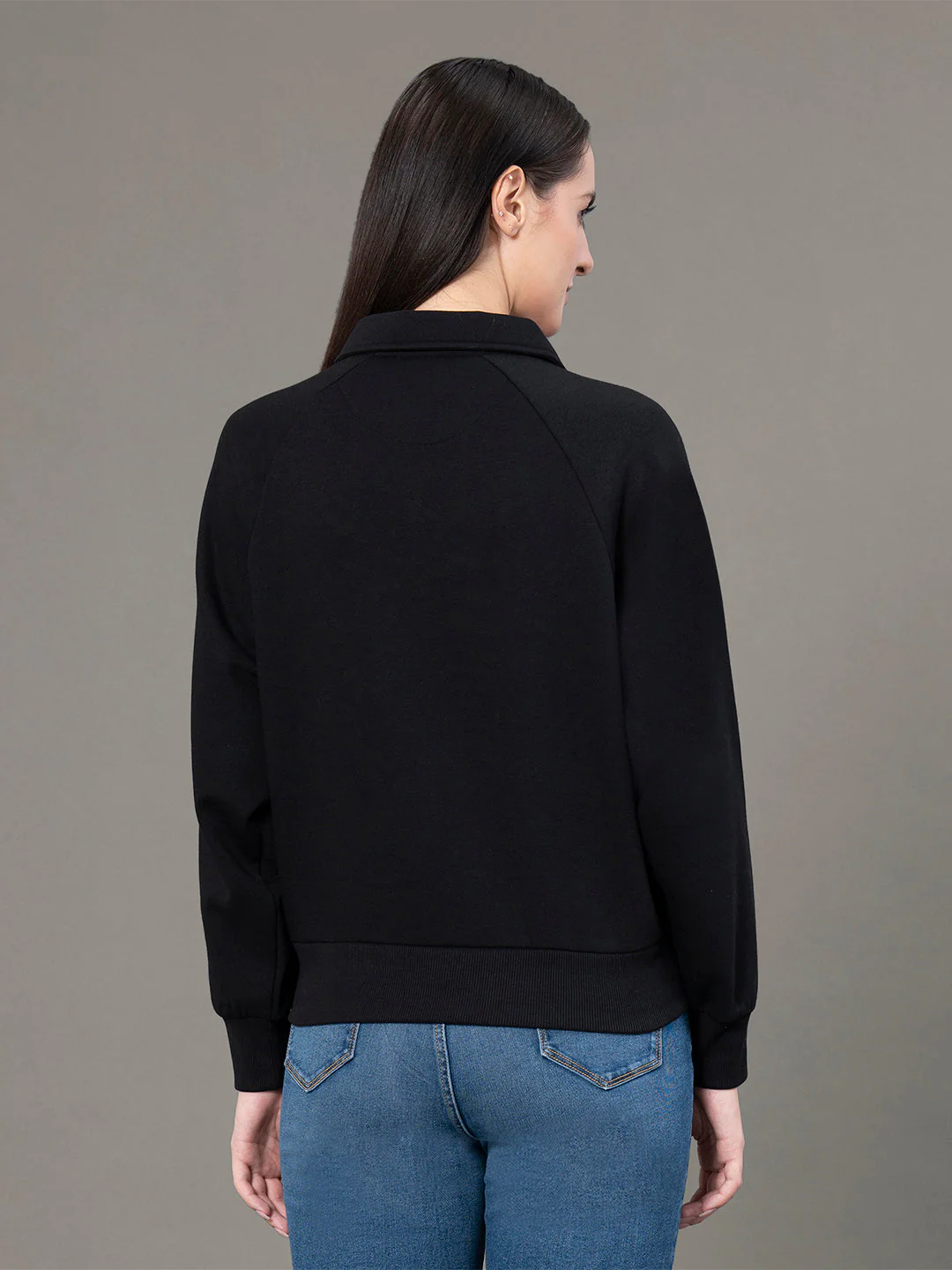 Women's Black Poly Cotton Fleece Graphic Print Collared Sweatshirt - Image 3