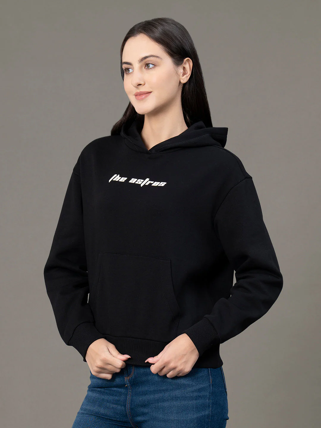 Women's Black Poly Cotton Fleece Graphic Print Hoodie - Image 2