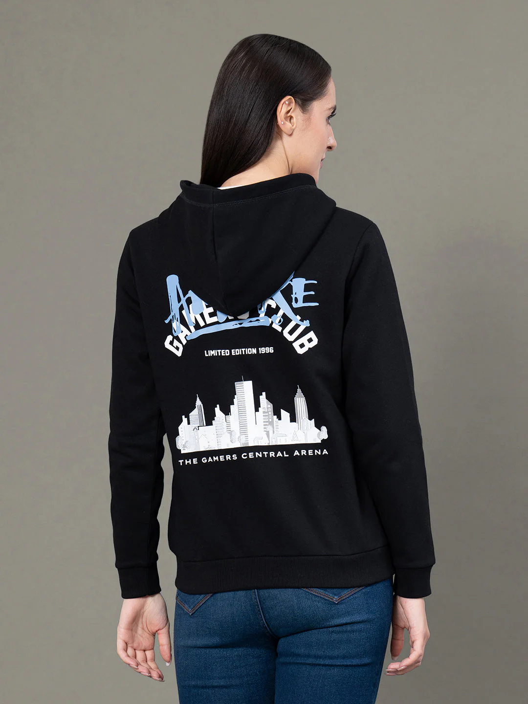 Women's Black Poly Cotton Fleece Graphic Print Zipper Hoodie - Image 3