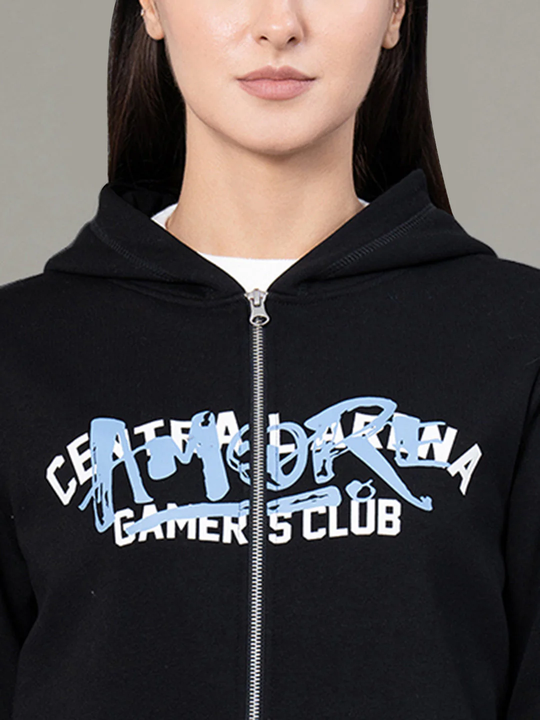 Women's Black Poly Cotton Fleece Graphic Print Zipper Hoodie - Image 4