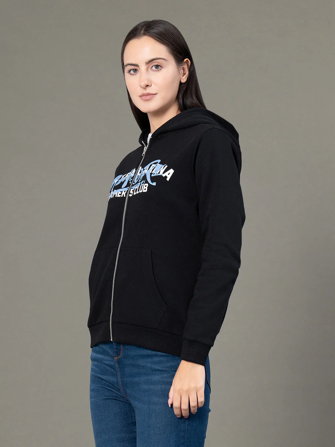 Women's Black Poly Cotton Fleece Graphic Print Zipper Hoodie - Image 6