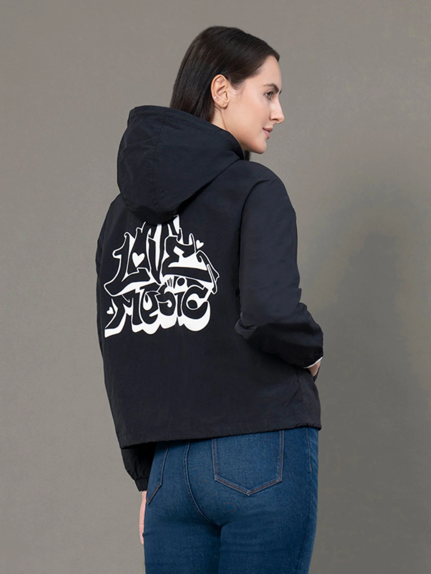 Women's Black Polyamide Graphic Print Windcheater Jacket - Image 3