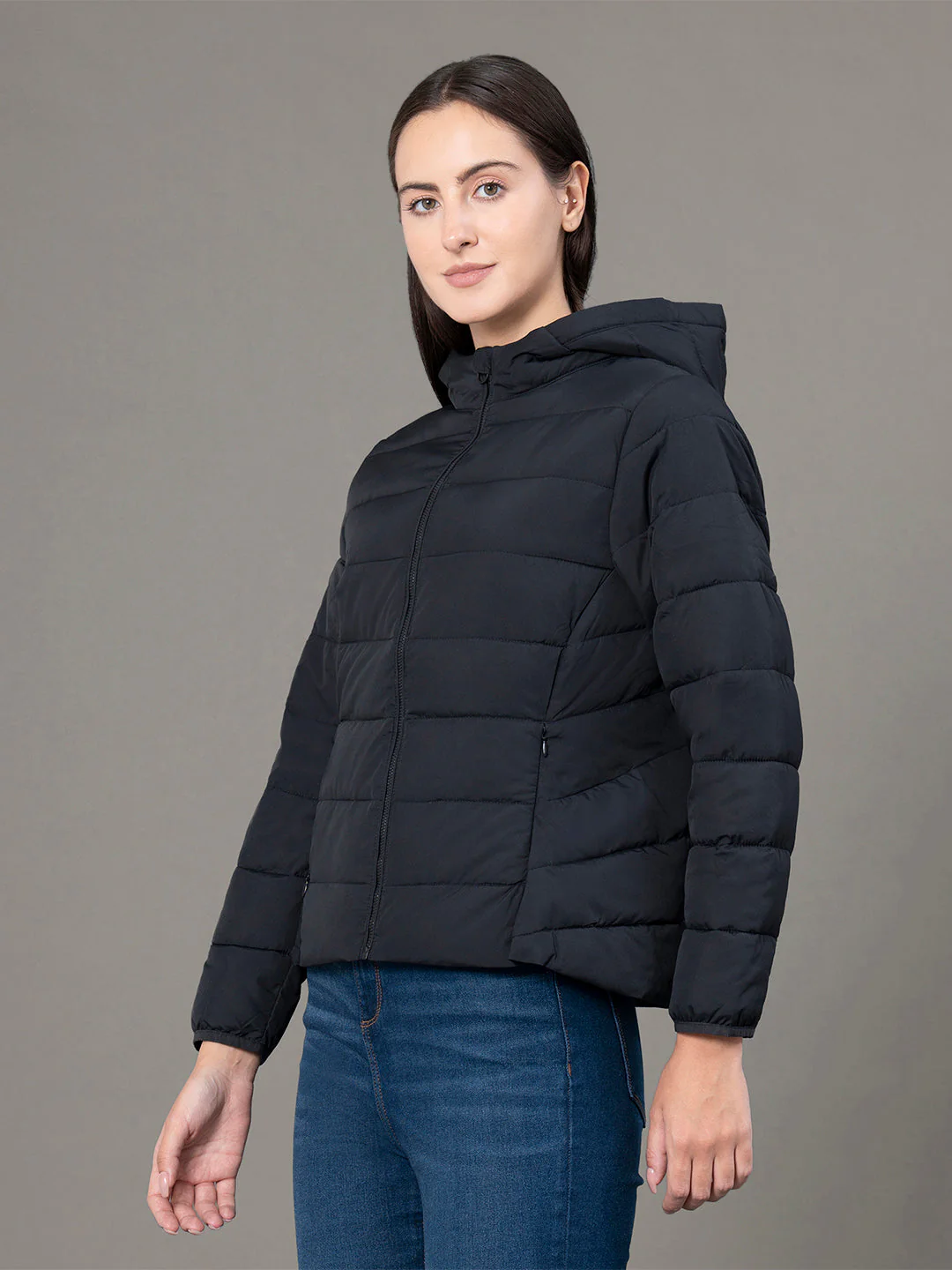 Women's Black Polyester Solid Padded Jacket - Image 2