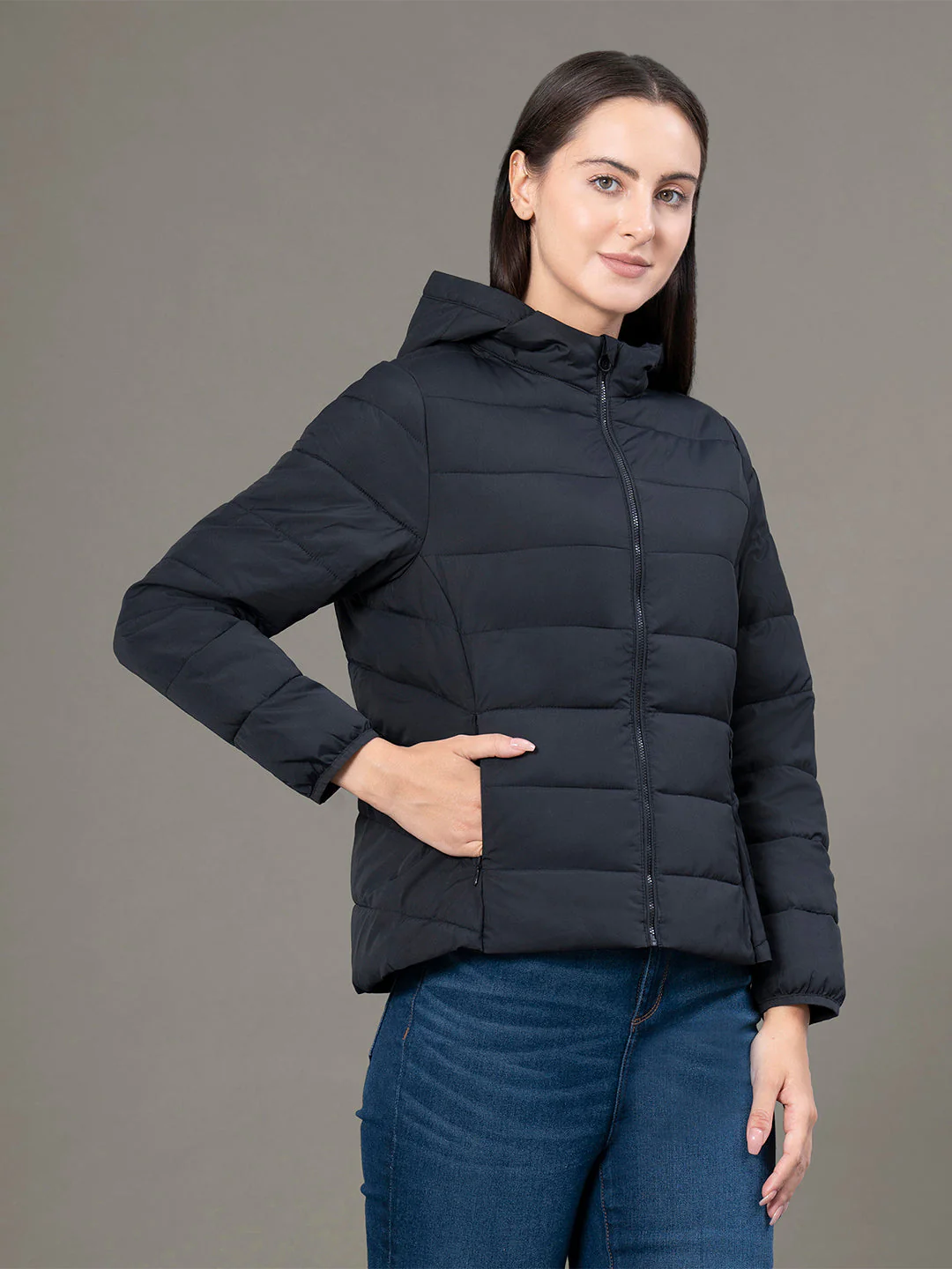 Women's Black Polyester Solid Padded Jacket - Image 6