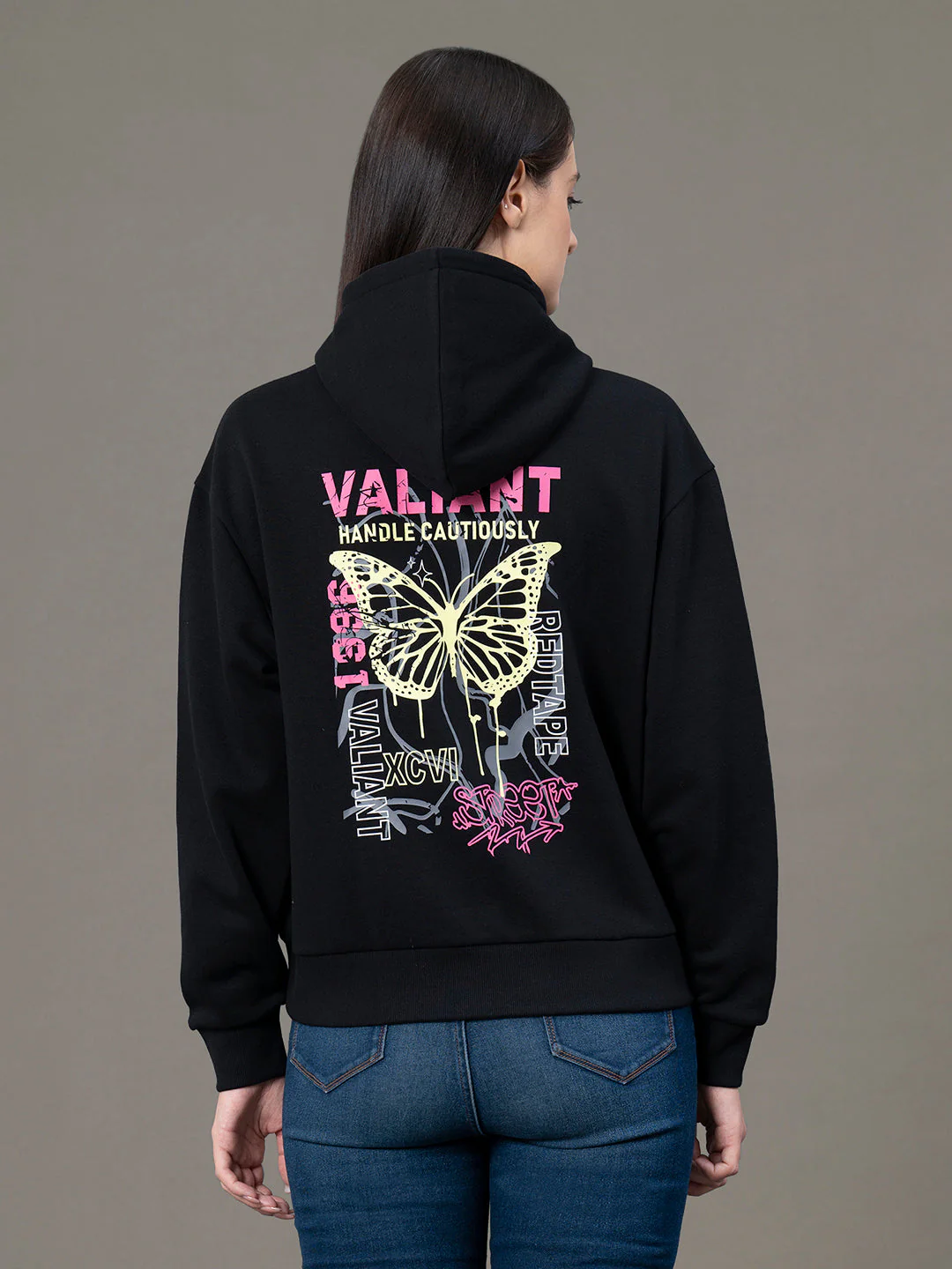 Women's Black Poly Cotton Fleece Graphic Print Hoodie - Image 3