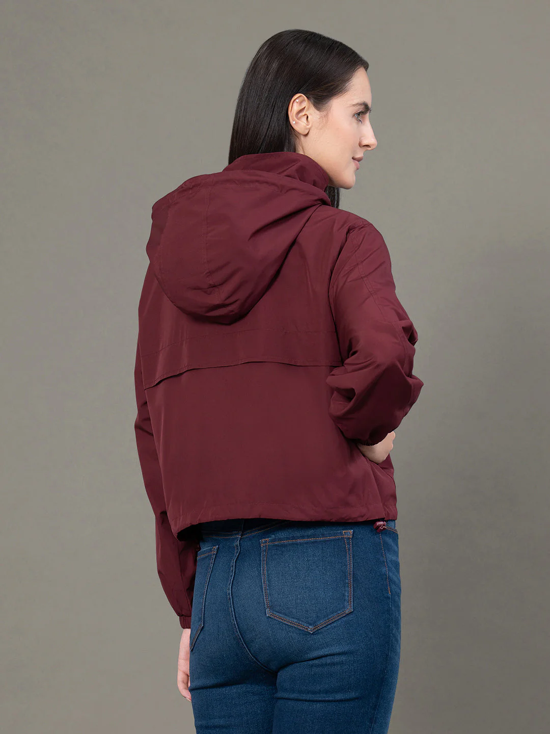 Women's Burgandy Polyester Solid Windcheater Jacket - Image 3