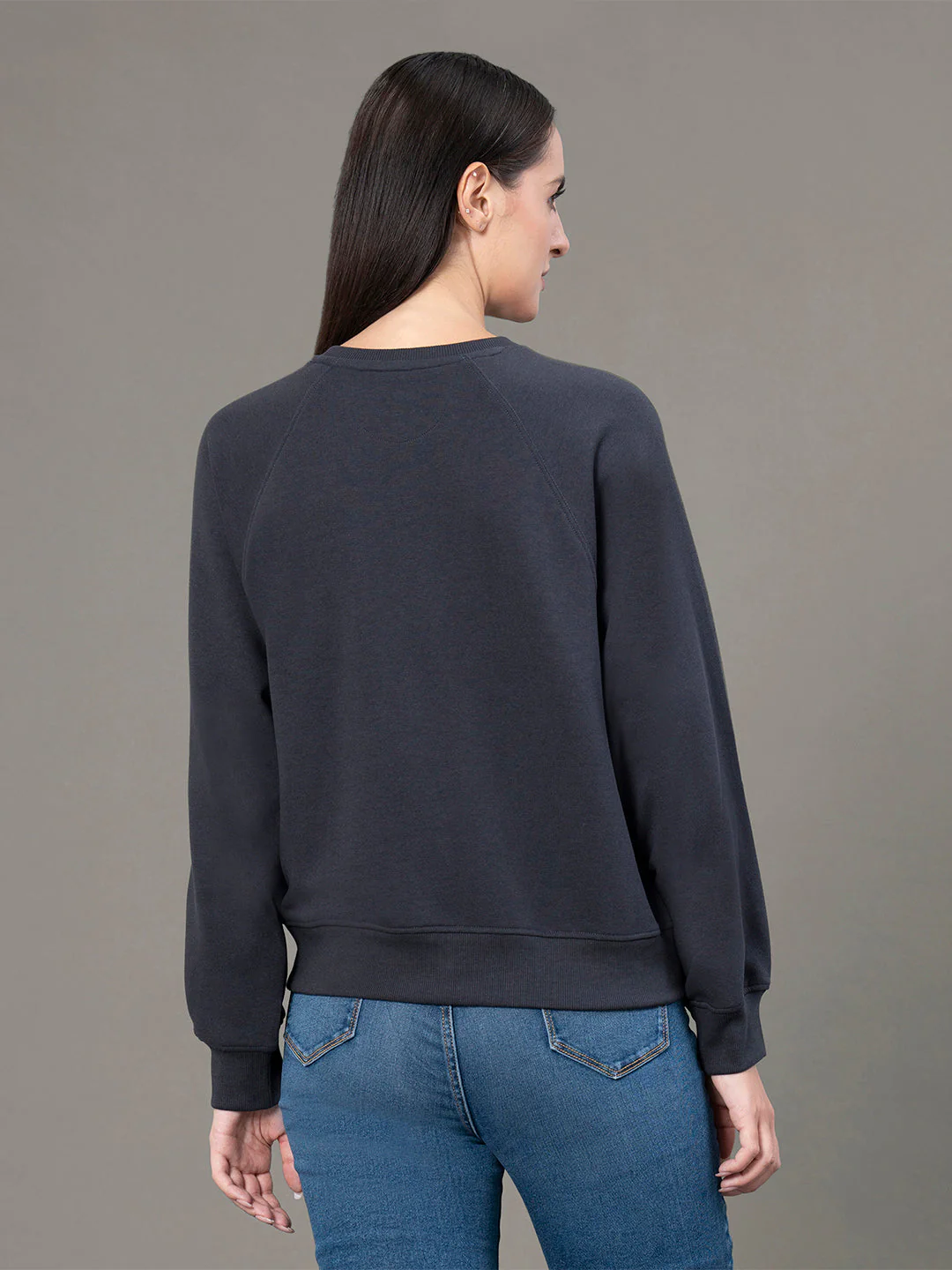 Women's Charcoal Grey Poly Cotton Fleece Graphic Print Reglan Sleeve Hoodie - Image 3
