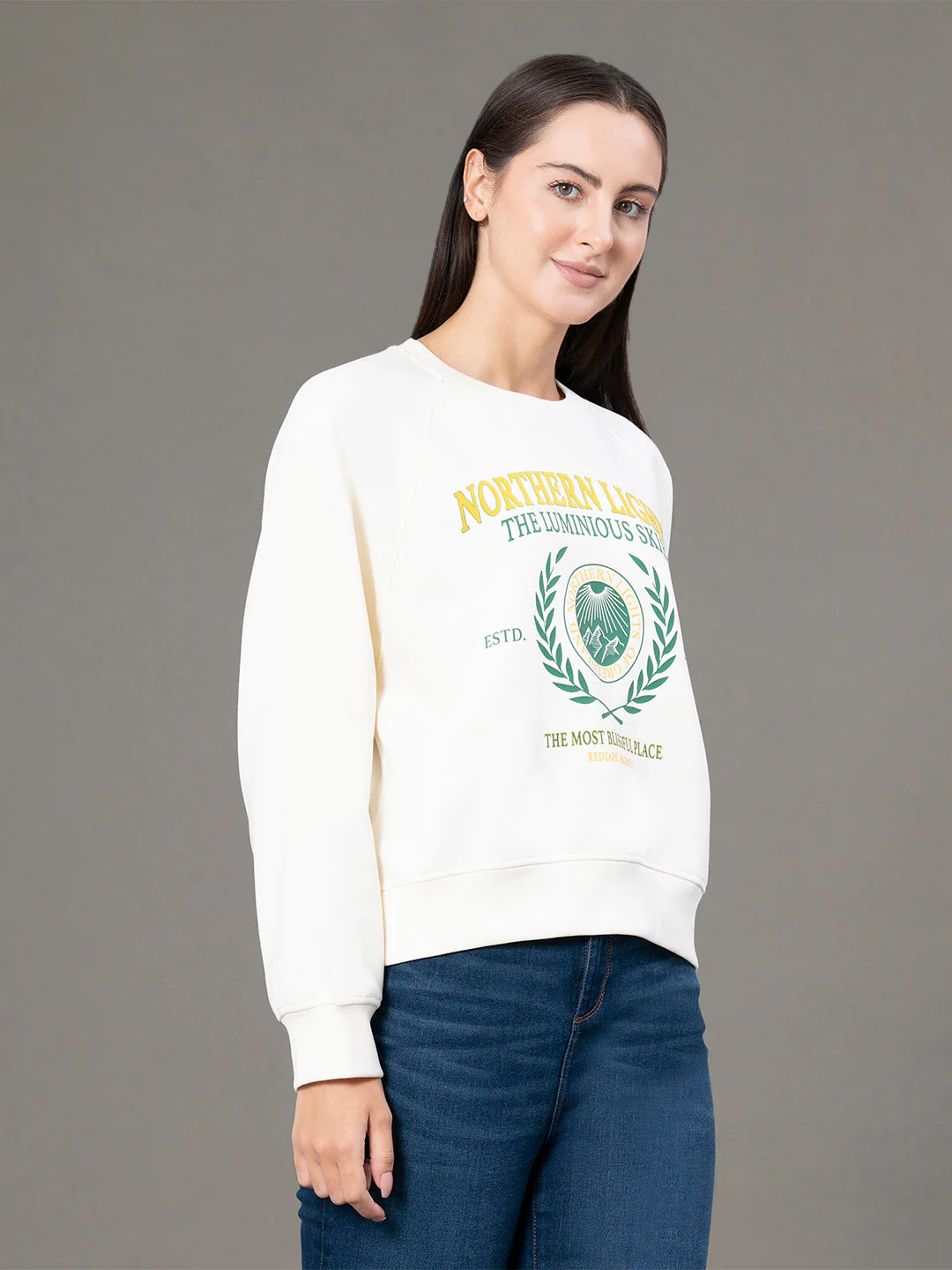 Women's Cream Poly Cotton Fleece Graphic Print Reglan Sleeve Hoodie - Image 2