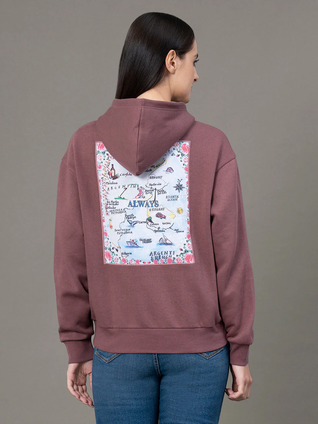Women's Earthy Mauve Poly Cotton Fleece Graphic Print Hoodie - Image 3
