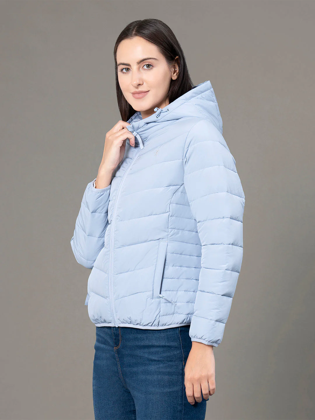 Women's Frost Blue Polyester Solid Hooded Padded Jacket - Image 2