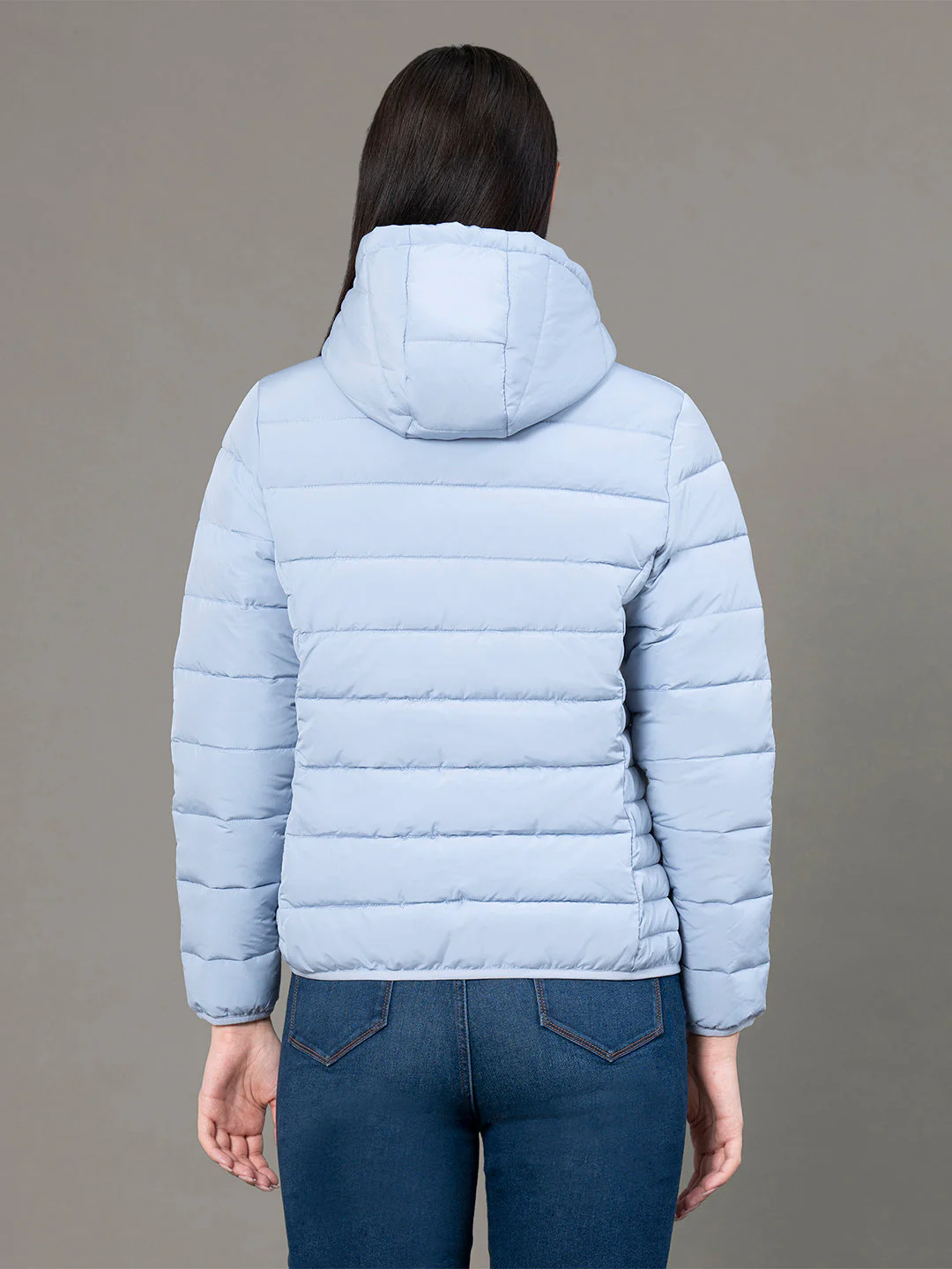 Women's Frost Blue Polyester Solid Hooded Padded Jacket - Image 3