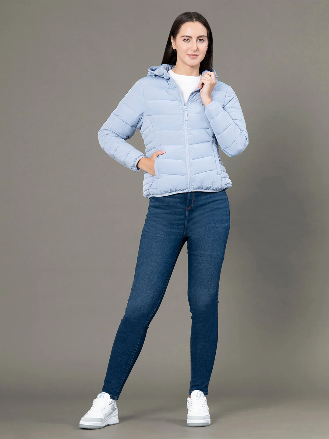 Women's Frost Blue Polyester Solid Hooded Padded Jacket - Image 5