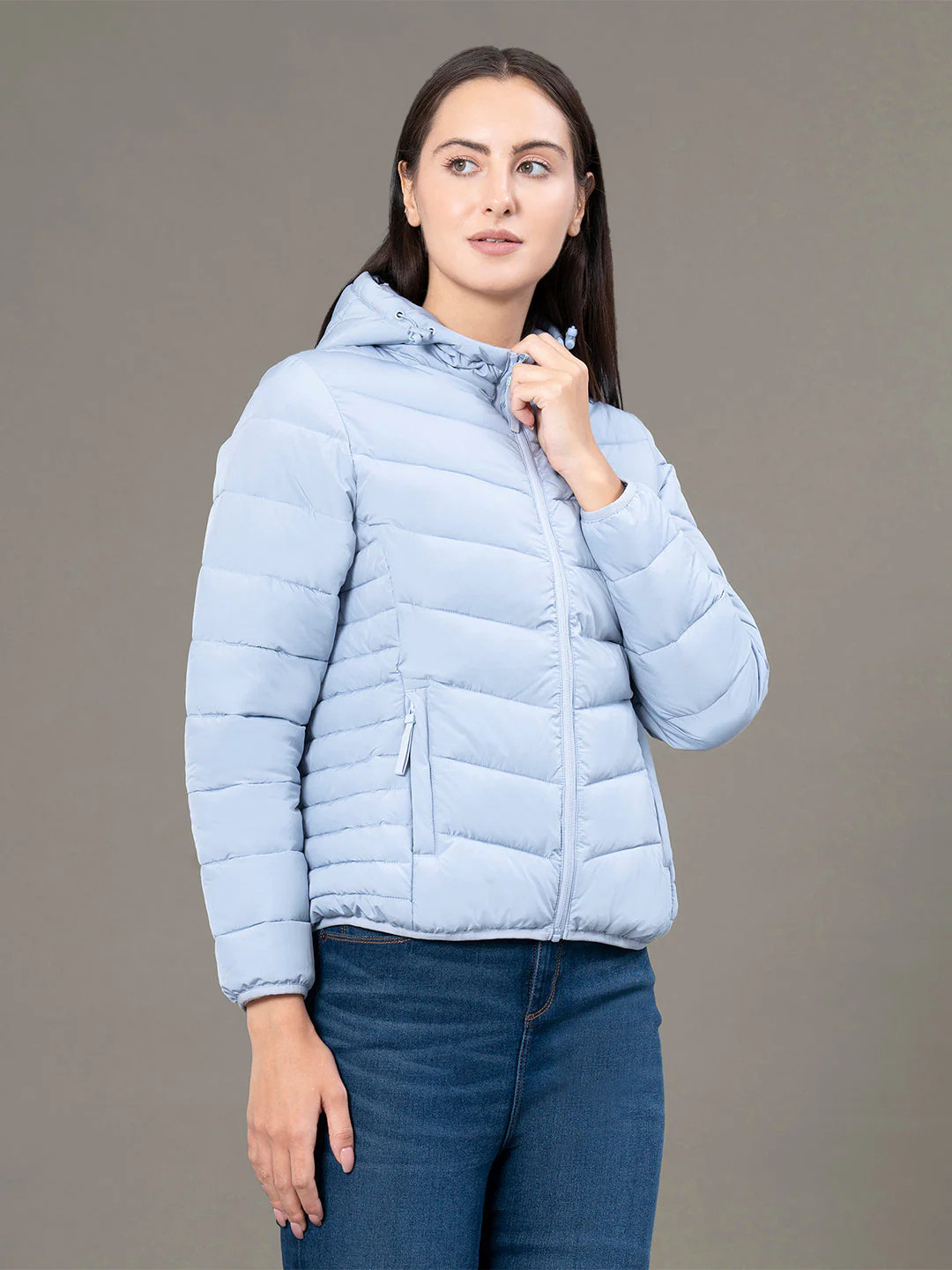 Women's Frost Blue Polyester Solid Hooded Padded Jacket - Image 6