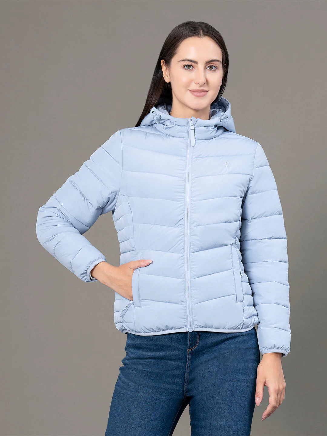 Women's Frost Blue Polyester Solid Hooded Padded Jacket - Image 7
