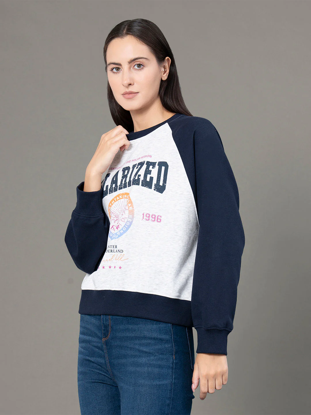 Women's Light Grey Melange Poly Viscose Cotton Fleece Graphic Print Reglan Sleeve Hoodie - Image 2