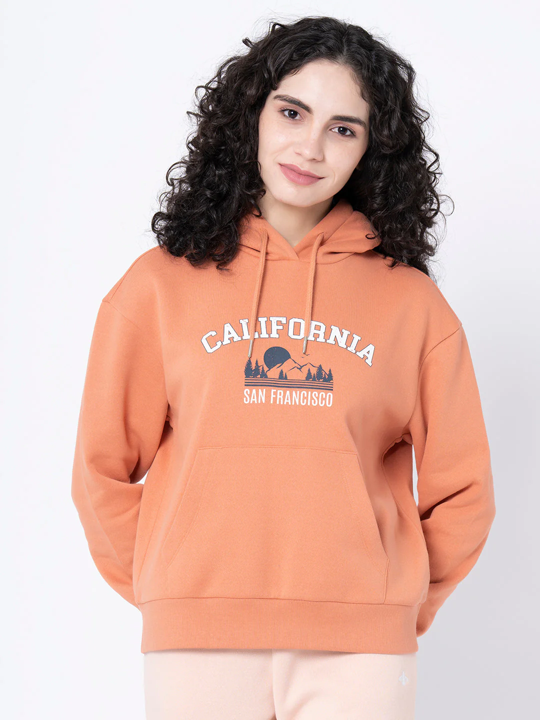 Women's Light Orange Graphic Print Hoodie