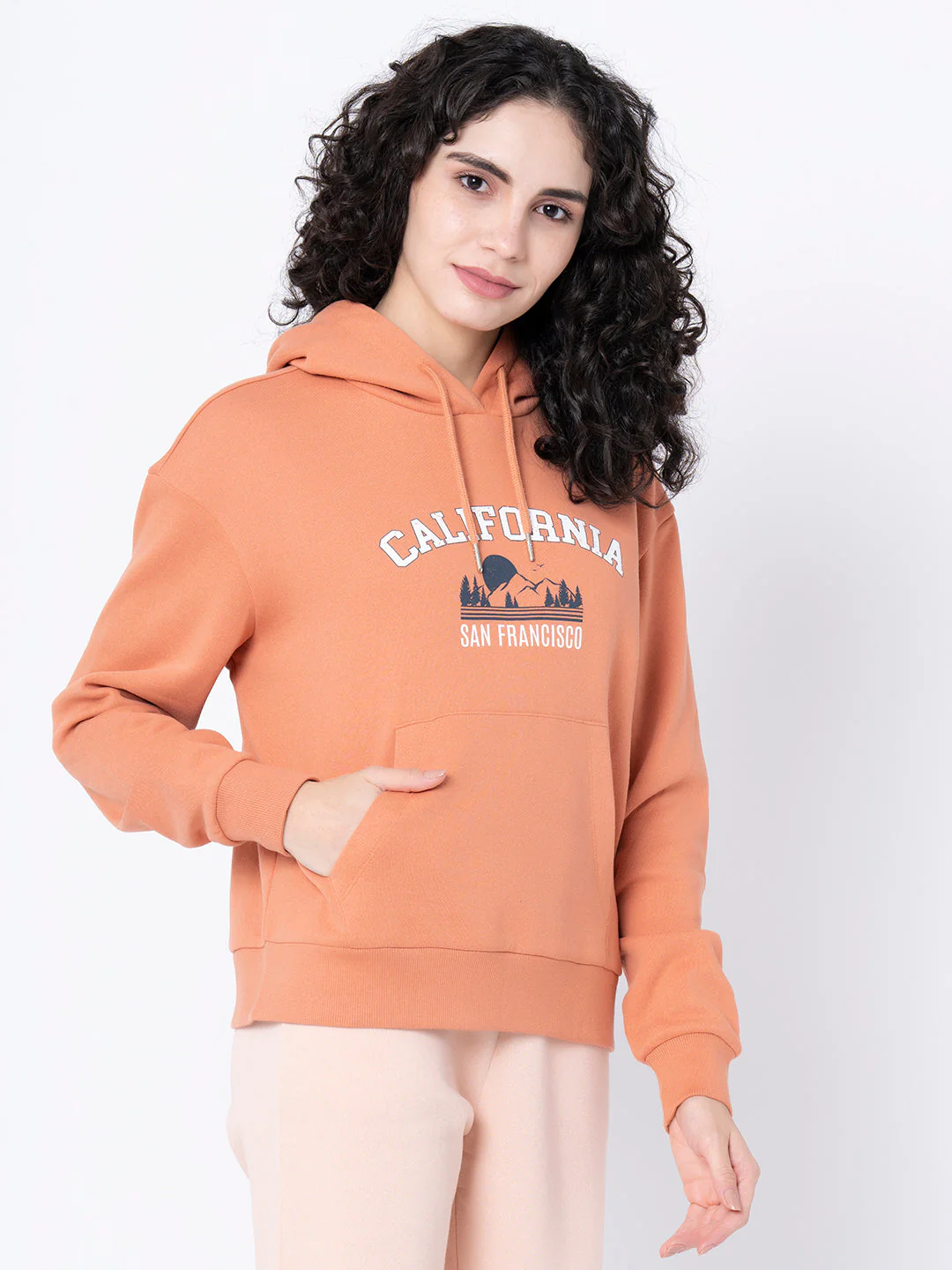 Women's Light Orange Graphic Print Hoodie - Image 2