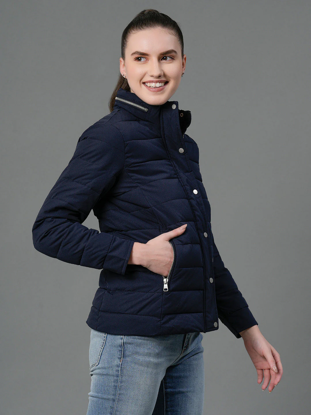 Women's Navy Padded Jacket - Image 2