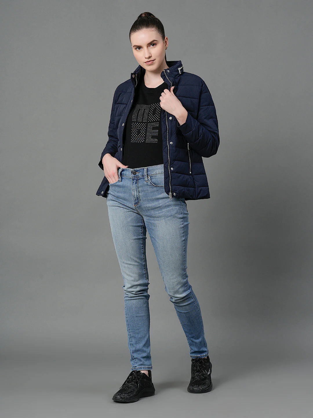 Women's Navy Padded Jacket - Image 5