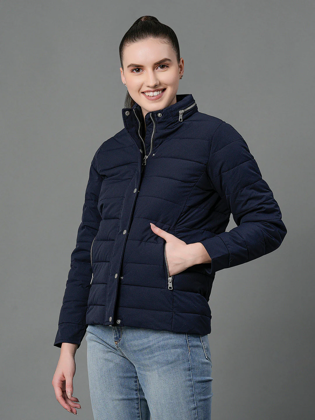 Women's Navy Padded Jacket - Image 6